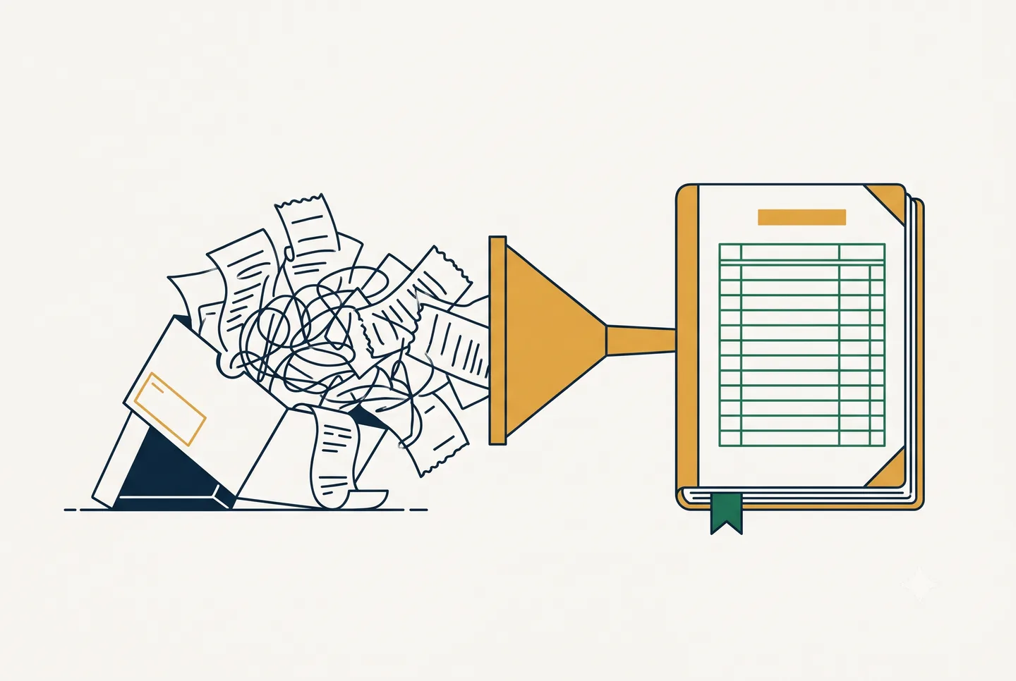 Shoebox of receipts funneled into a clean bound ledger