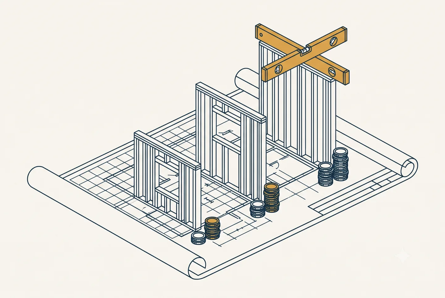 Blueprint with framed walls rising like job-cost bar columns
