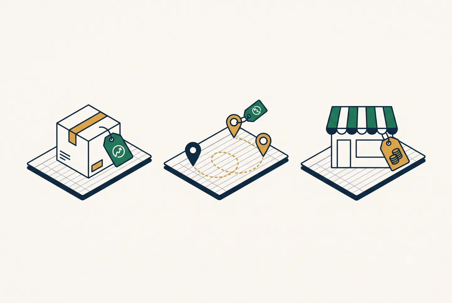 Parcel, delivery route, and storefront, each with unit-level profit tags