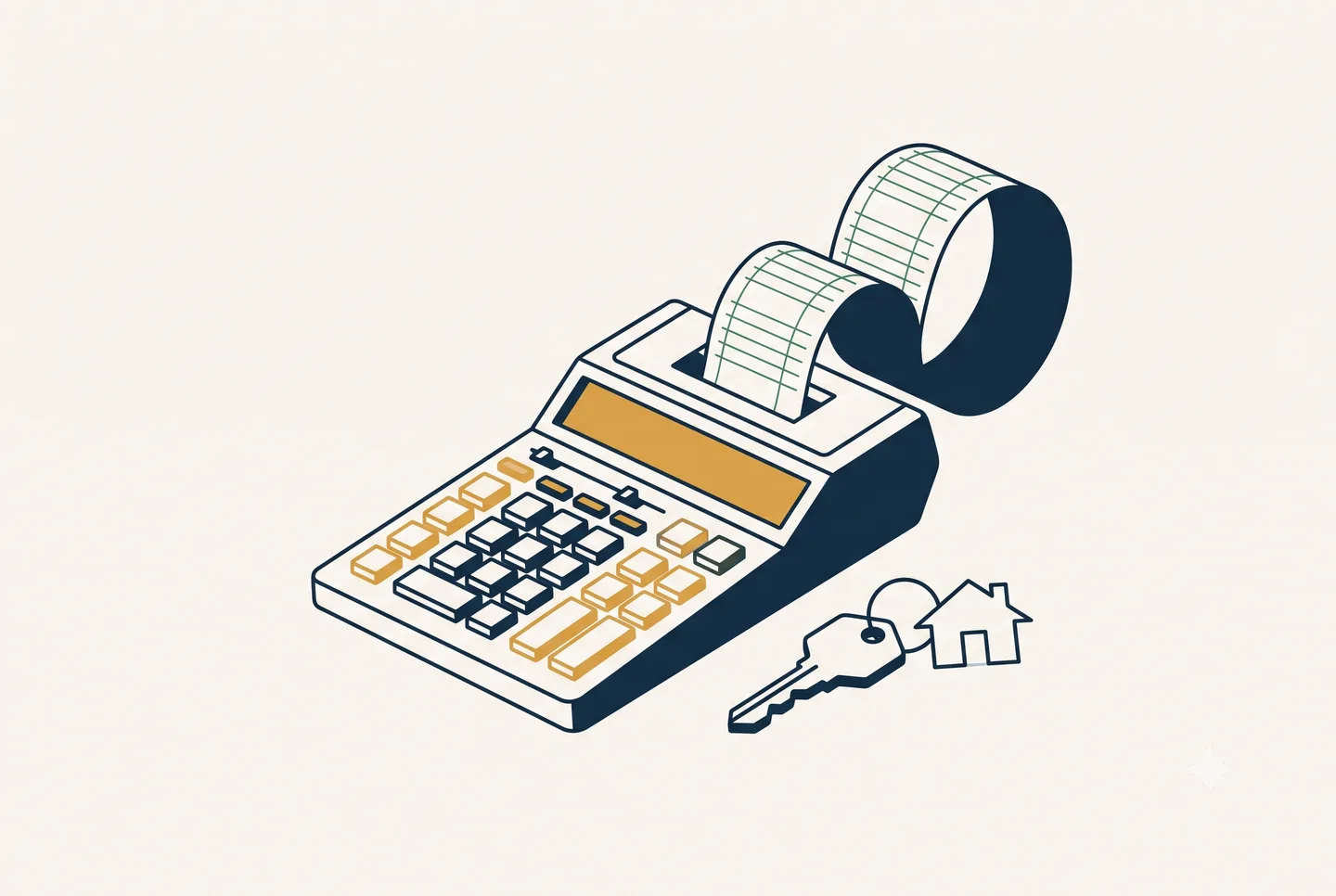 Desk calculator with paper tape beside a house key
