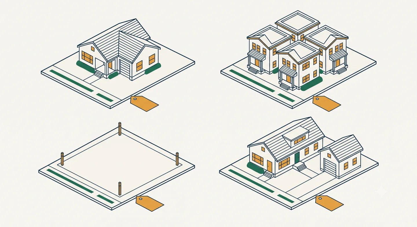 Four investment property types: house, fourplex, land parcel, and ADU